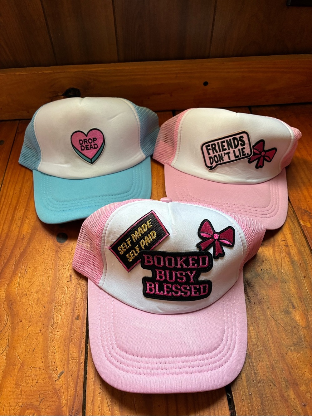 Patch Graphic Trucker Hats - Pink & Light Blue Lot of 3